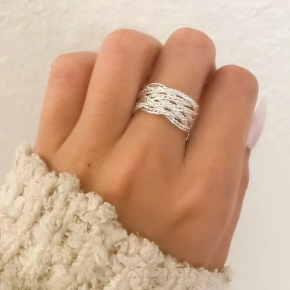 925 Sterling Silver Woven Ring Mesh RIng Minimalist Ring Dainty Ring Band - Picture 3 of 9